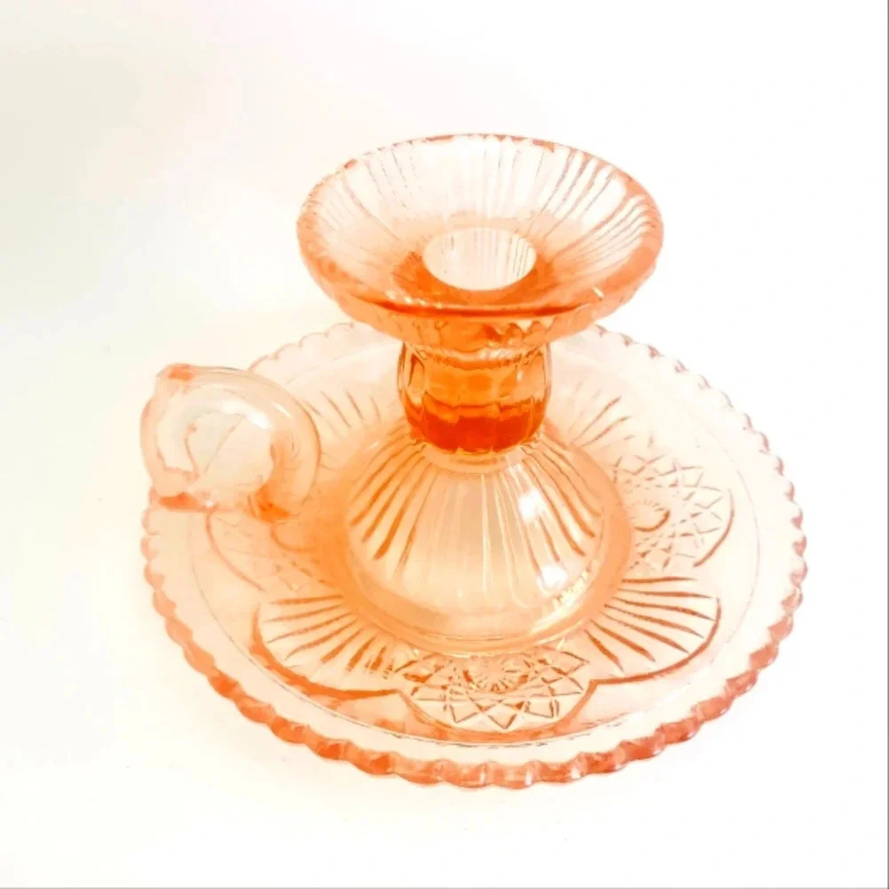ANTIQUE ZABKOWICE PINK GLASS CANDLE STICK HOLDERS WITH HANDLE